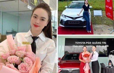 O vendedor de carros está desejando explodir a trombeta para o convidado extremamente atraente